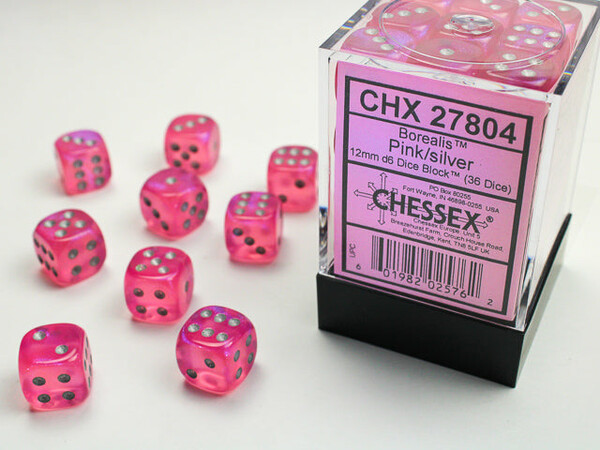 Chessex Dés 36d6 12mm borealis rose avec points argentés 601982025762
