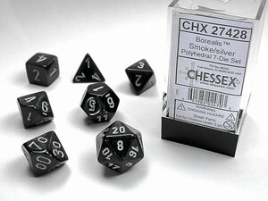 Chessex Dés d&d 7pc Borealis fumé avec chiffres argentés (d4, d6, d8, 2 x d10, d12, d20) 601982024703