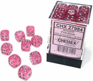 Chessex Dés 36d6 12mm Borealis Luminary - Rose avec picots argent 601982031541