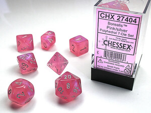 Chessex Dés d&d 7pc Borealis rose avec chiffres argentés (d4, d6, d8, 2 x d10, d12, d20) 601982024536