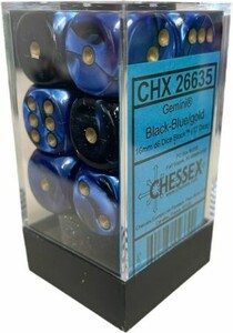 Chessex Dés 12d6 16mm Gemini noir/bleu avec points dorés 601982023300