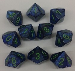 Chessex Dés 10d10 lustrous dark blue avec chiffres verts (10 x d10) 601982024420