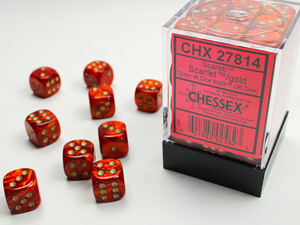 Chessex Dés 36d6 12mm Scarab Scarlet avec points dorés 601982025823