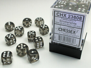 Chessex Dés 36d6 12mm transparents fumée avec points blancs 601982020606