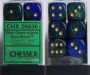 Chessex Dés 12d6 16mm Gemini bleu/vert avec points dorés 601982023317