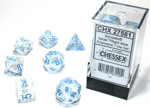 Chessex Dés d&d 7pc Mini Borealis Luminary Glaçons avec chiffres bleus 601982035228
