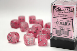 Chessex Dés 12d6 16mm Ghostly Glow Rose avec points Argenté 601982025731