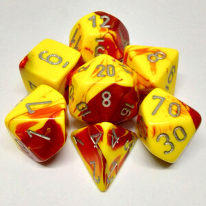 Chessex Dés d&d 7pc Gemini rouge/jaune avec chiffres argentés (d4, d6, d8, 2 x d10, d12, d20) 601982023058