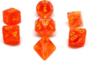 Chessex Dés d&d 7pc Ghostly Glow Orange avec chiffres jaunes (d4, d6, d8, 2 x d10, d12, d20) 601982025090