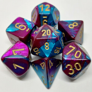 Chessex Dés d&d 7pc Gemini violet/sarcelle avec chiffres dorés (d4, d6, d8, 2 x d10, d12, d20) 709619015046