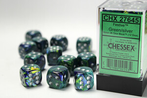 Chessex Dés 12d6 16mm Festive vert avec points argentés 601982025434