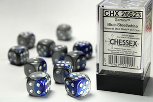 Chessex Dés 12d6 16mm Gemini bleu/acier avec points blancs 709619015190