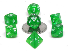 Chessex Dés d&d 7pc micro transparents vert avec chiffres blancs (d4, d6, d8, 2 x d10, d12, d20) 601982020248