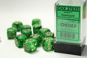Chessex Dés 12d6 16mm Vortex vert avec points dorés 601982025359
